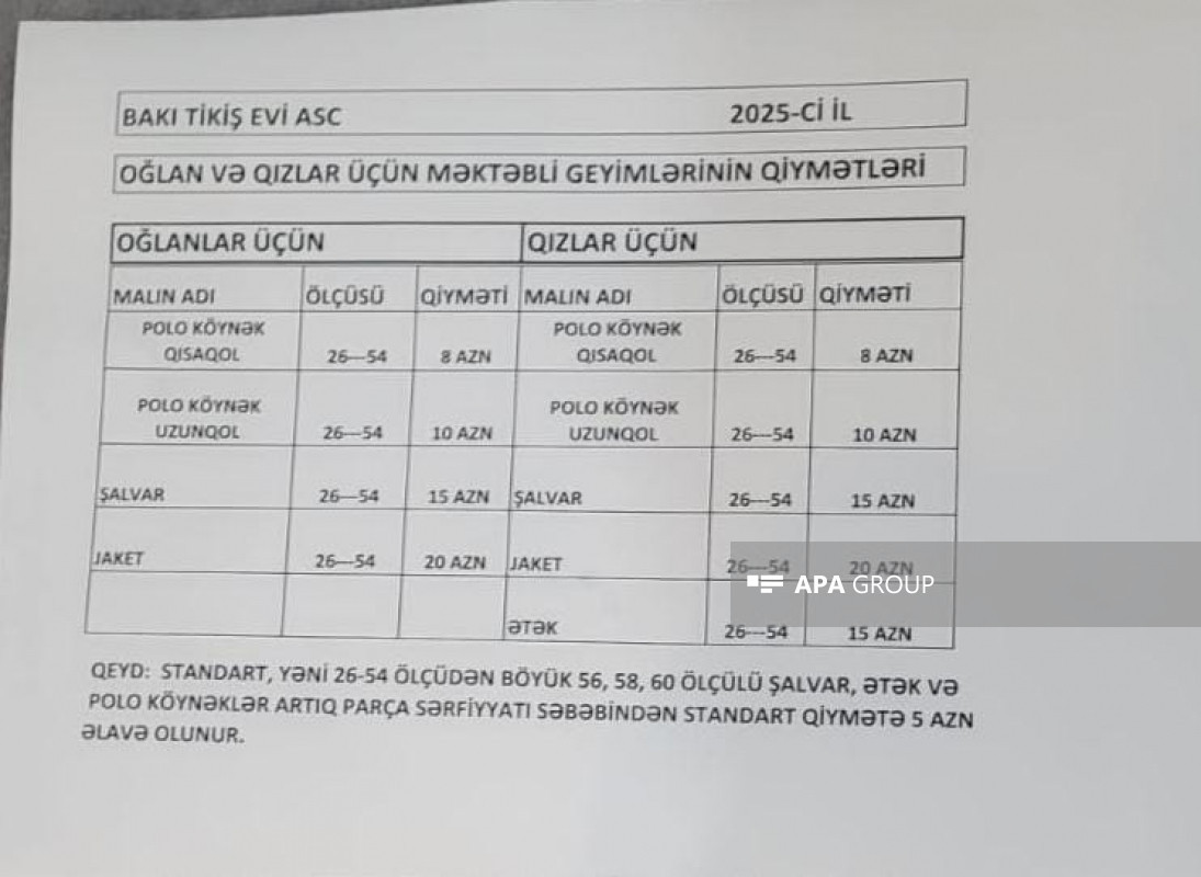 Sabahdan məktəbli formalarının qiyməti aşağı düşür – CƏDVƏL
